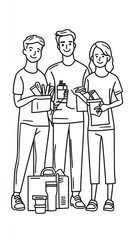 Volunteers distribute supplies in a minimalist illustration capturing the spirit of community service and support for those in need