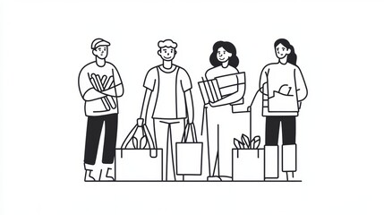 Volunteers gather supplies for community support with elegant minimalism showcasing their charitable efforts