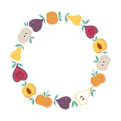 Round frame with simple abstract fruits. Wreath, fruity slices. Empty background with space for text. Apple, pear, fig, peach, leaves. Color flat illustration. Isolated white background.