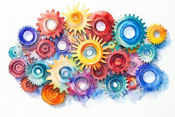 Colorful Gears Watercolor Collaboration - Teamwork, synergy, innovation, connection, and progress are symbolized by colorful interlocking gears in a watercolor painting