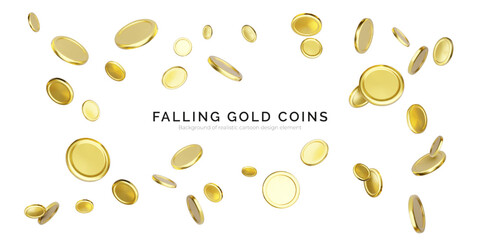 Gold Coin, Money, Currency, and Wealth Concept with Shiny Coins Falling on White Background. Ideal for Finance, Jackpot, or Casino Themes. 3D Cartoon Style. Vector