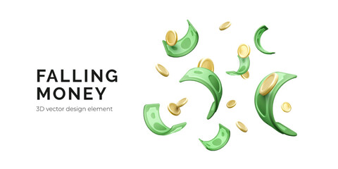 Money, Cash, Currency, Wealth, Finance — 3D Cartoon of Falling Dollar Bills and Coins in Mid-Air Motion. Vector