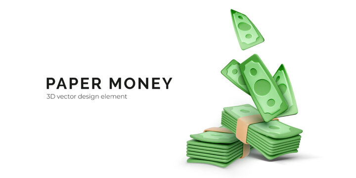 Cash Stack with Flying Dollar Bills in 3D Cartoon Style. Financial Success, Banking, and Earnings Concept on White Background. Great for UI or App Use. Vector