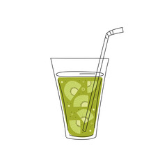 Kiwi juice glass. Natural lemonade in a drinking glass, healthy drink, food, smoothie, detox with fruit, kiwi slices. Healthy Eating. Summer refreshing drink. Doodle illustration.