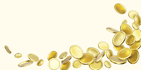 Gold Coins Falling in Wave Shape with Realistic 3D Style, Perfect for Wealth, Bonus, or Game Reward Concepts with Copy Space. Vector