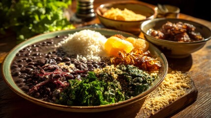 A vibrant plate of feijoada, a traditional Brazilian dish, served on a wooden table.