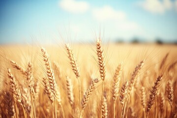 Fototapeta premium Golden Ripe Wheat Field Against Blue Sky on Sunny Day Agriculture Farming