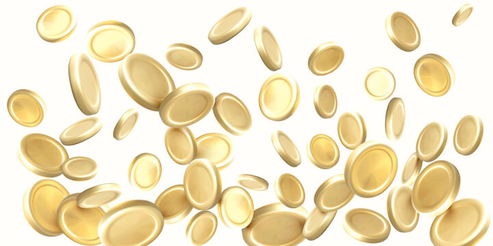 Gold Coins Falling on White Background in Dynamic Motion, Ideal for Finance, Cryptocurrency, Jackpot, or Game Reward Concepts. 3D Rendered Vector