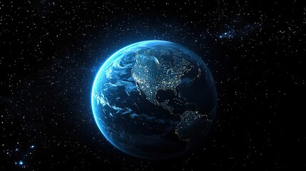 Blue planet surrounded by stars in dark cosmic space.