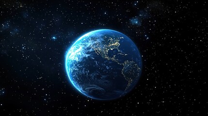 Obraz premium Blue planet surrounded by stars in dark cosmic space.