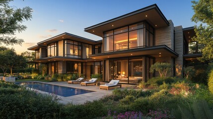 Fototapeta premium Modern luxury home with pool and patio. Large windows, sleek design, and tranquil landscaping