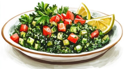 Watercolor tabbouleh salad close up illustration