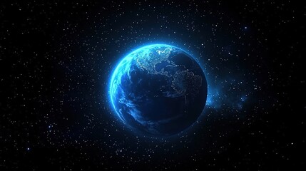 Blue planet surrounded by stars in dark cosmic space.