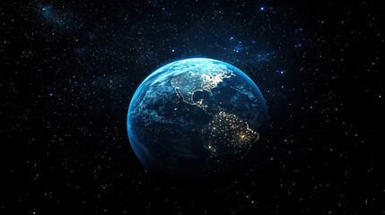 Fototapeta premium Blue planet surrounded by stars in dark cosmic space.