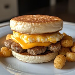 Delicious breakfast sandwich with english muffin sausage egg and cheese served with crispy tater tots on white plate culinary delight morning meal closeup shot