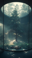 Futuristic forest atrium with a central tree and modern bench under soft morning light