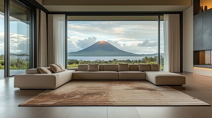 Fototapeta premium Modern living room with stunning volcano view