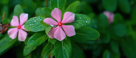 Captivating pink periwinkle bloom glistening with morning dew drops amidst lush green foliage serene botanical beauty nature photography
