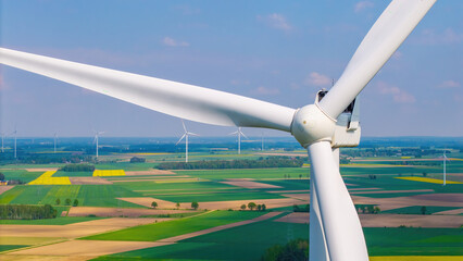 Aerial and drone views of a wind farm and single turbine on may day, surrounded by golden rapeseed fields and lush May greenery, wind energy in a vibrant spring landscape. © Robert