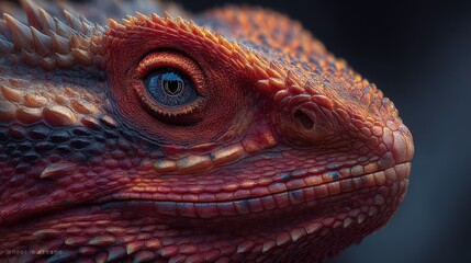 Obraz premium Close up Detailed Portrait of a Red Dragon Lizard Reptile Eye Texture Skin