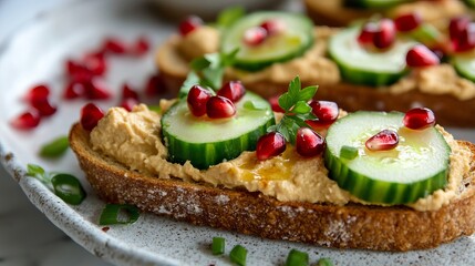 Delicious hummus toast with cucumber and pomegranate seeds eat food meal dish snack tasty vegan lunch