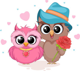 Cute owl couple in love with rose and hearts for valentine postcard