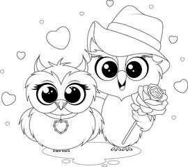 Black and white owl couple coloring page with hearts and rose