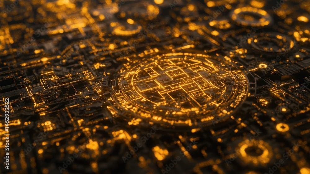 Poster Intricate golden circuit board pattern illuminated with glowing lights creating a futuristic technology background showcasing advanced digital design and engineering