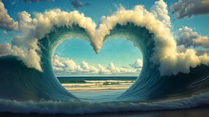 Heart-shaped ocean wave framing a beach scene. Possible use stock photography for greeting cards, social media, or desktop backgrounds