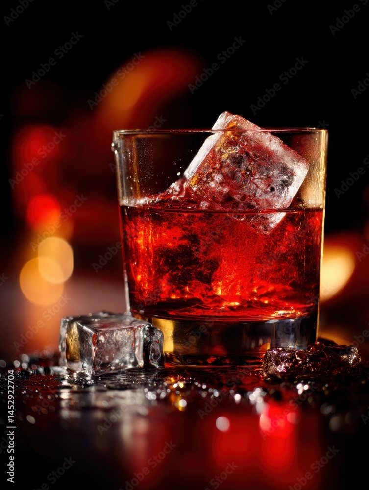 Poster red cocktail in glass with ice cube on dark reflective surface creating a moody and inviting atmosph