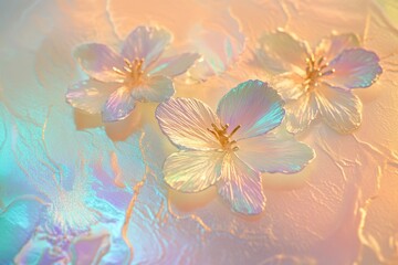 Three shimmering flowers sit on a textured surface with a soft, iridescent, ethereal glow and delicate details.