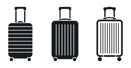 Three Suitcase Icons Set Black and White Luggage Travel Bag on White Background