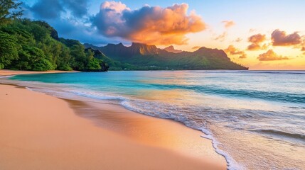 Fototapeta premium Tranquil beach sunset turquoise water golden sky sandy shore