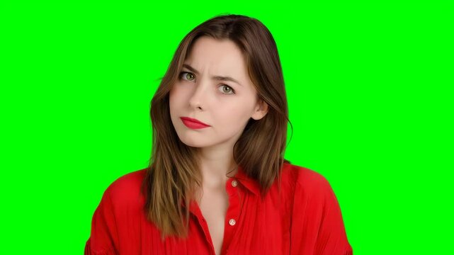 Young woman making judgmental facial expression on green screen chroma key background