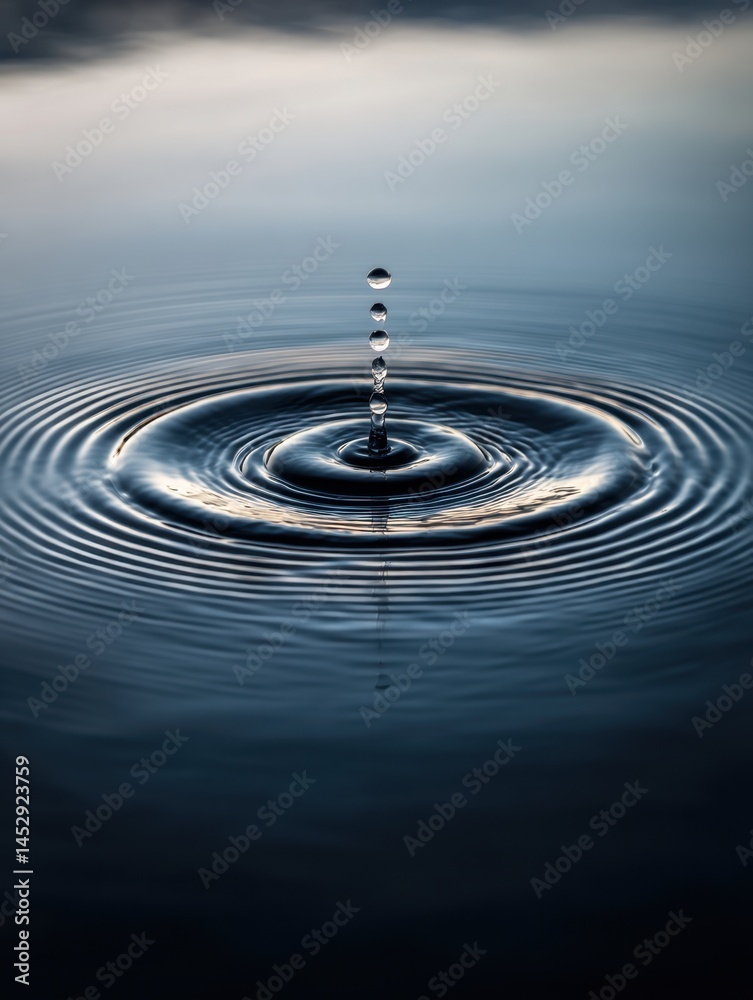 Poster serene water drop impact creating concentric ripples on a calm surface reflecting soft light capturi