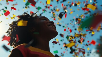 Juneteenth celebration with confetti raining under blue sky