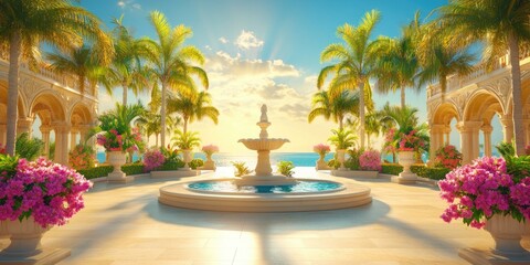 Sunny, tropical garden with a beautiful fountain.