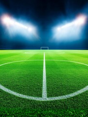 Obraz premium Night Football Field - Empty soccer field at night under bright stadium lights. Green grass, white lines