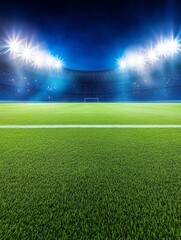 Obraz premium Night Soccer Stadium Vibrant Green Field - A vibrant green soccer field at night, under bright stadium lights, symbolizing competition, victory, teamwork, energy, and excitement