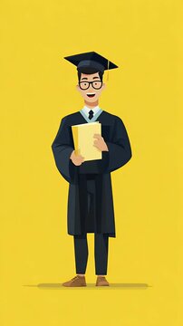 Smiling Graduate In Black Gown Holds Diploma With Yellow Background In Pixel Art Style For Adobe Stock