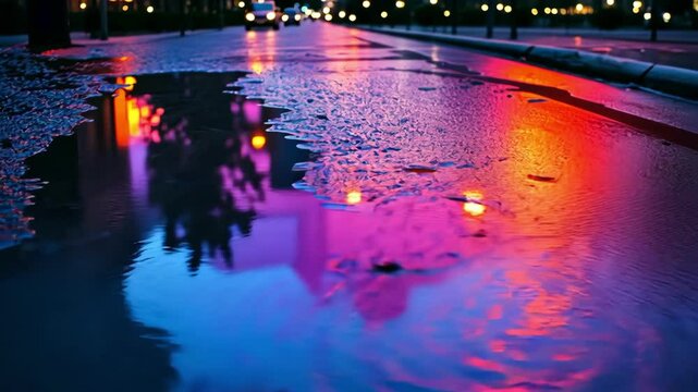 Urban scene: A puddle reflects city lights at night