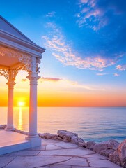 Pavilion Sunset Ocean View - Serene sunrise over the ocean, a white pavilion stands, symbolizing peace, tranquility, romance, hope, and new beginnings