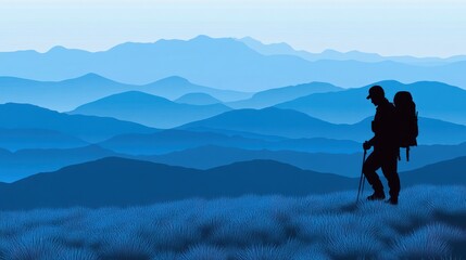 Obraz premium Hiker silhouette in blue mountain landscape