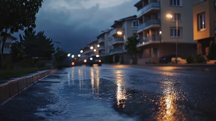 Fototapeta premium Evening city street reflecting lights in rain.