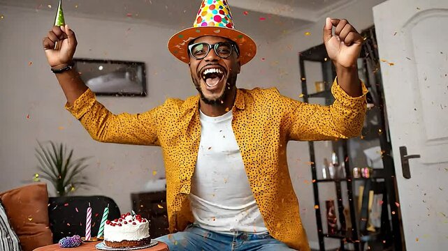 Joyful celebration with smiling man wearing party hat in colorful room with cake