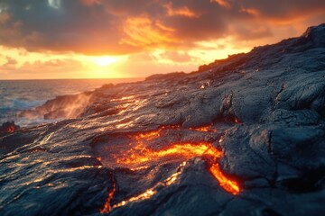 Fototapeta premium Molten lava flows across dark volcanic rock at sunset, meeting the ocean waves.