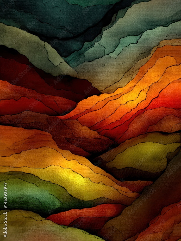 Poster Abstract landscape with warm and cool colors creating a sense of depth and texture in a modern style artistic rendering for backgrounds and designs