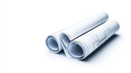 Fototapeta premium Rolled Architectural Blueprints - Two rolled blueprints on a white background, showcasing architectural designs. Ideal for construction, engineering, and design related projects