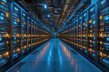 Fototapeta premium Rows of illuminated server racks in a modern data center, showcasing advanced technology and infrastructure.