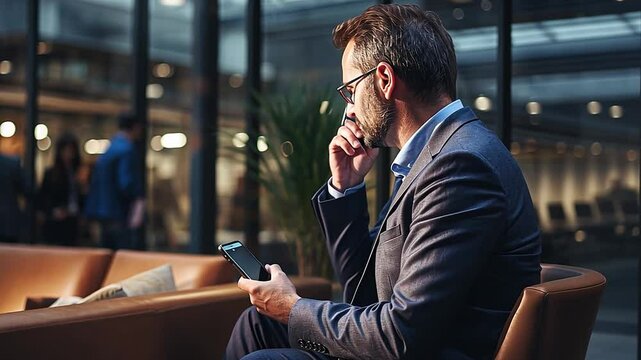 Businessman Using Smartphone While Talking in Modern Office Setting with Busy Background